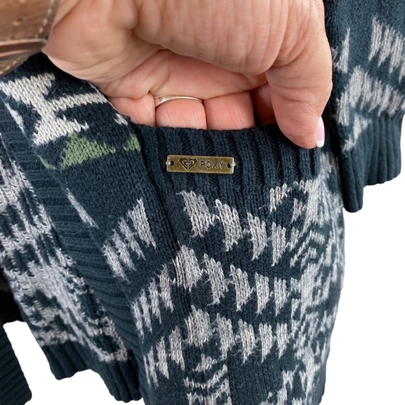 Roxy Blue Green Gray Aztec Tribal Long Line Boyfriend Open Cardigan Size M/L - Picture 3 of 8